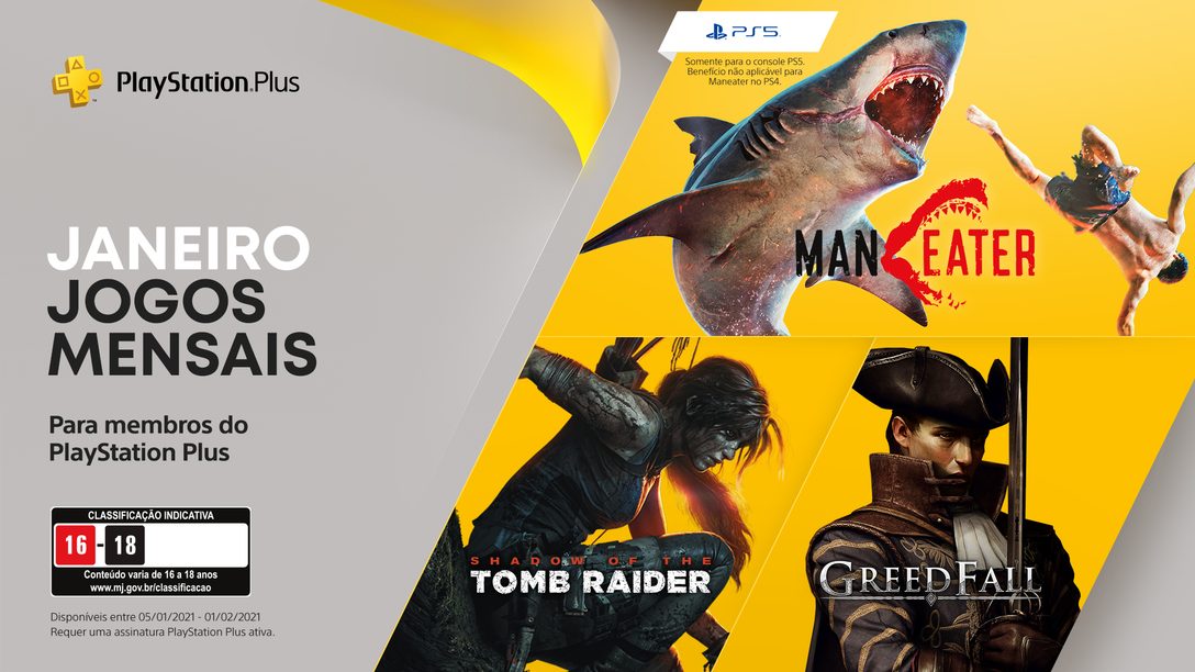 Os jogos do mês de janeiro para membros PlayStation Plus: Maneater, Shadow of the Tomb Raider e Greedfall