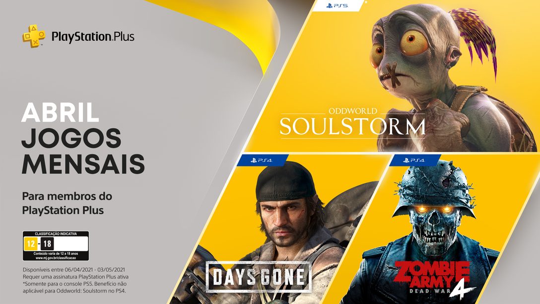 Jogos grátis para membros PlayStation Plus de abril: Days Gone, Oddworld:  Soulstorm e Zombie Army 4: Dead War.