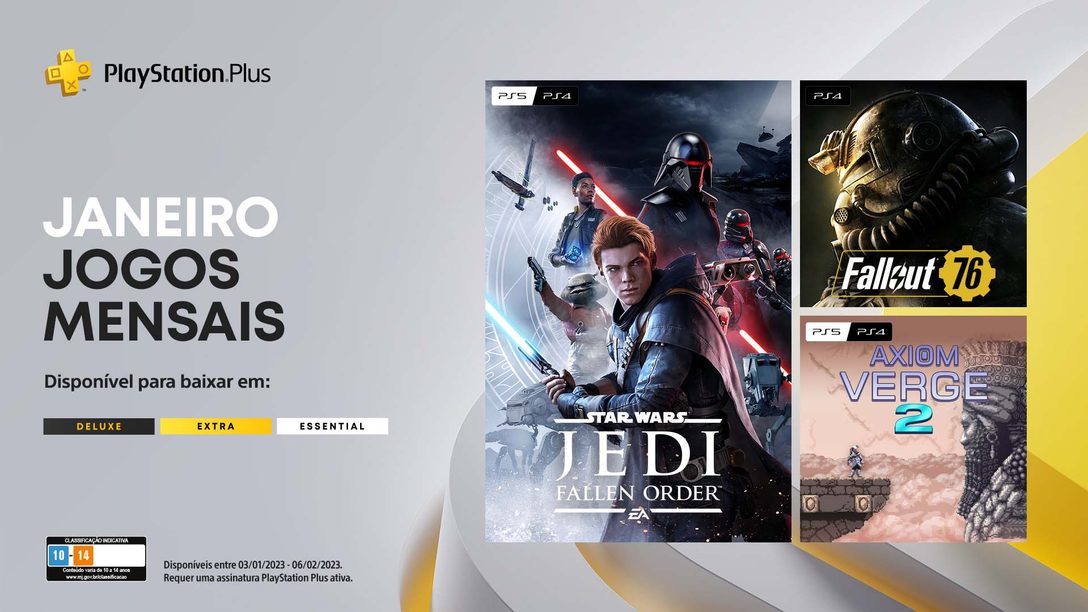 Jogos mensais PlayStation Plus para janeiro: Star Wars Jedi: Fallen Order, Fallout 76, Axiom Verge 2