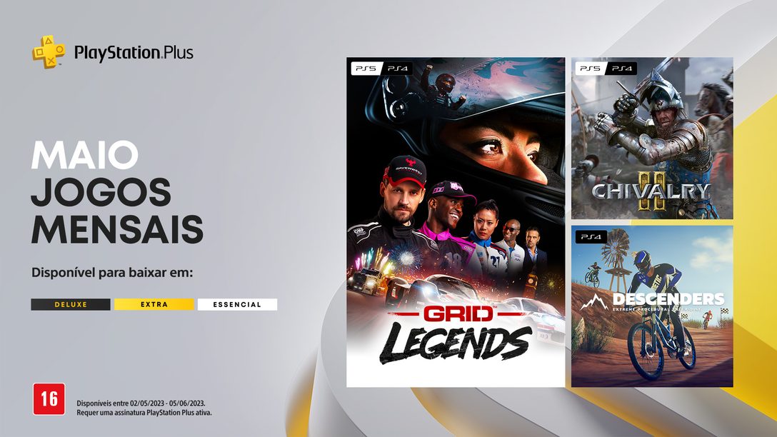 Jogos mensais do PlayStation Plus para maio: GRID Legends, Chivalry 2 e Descenders