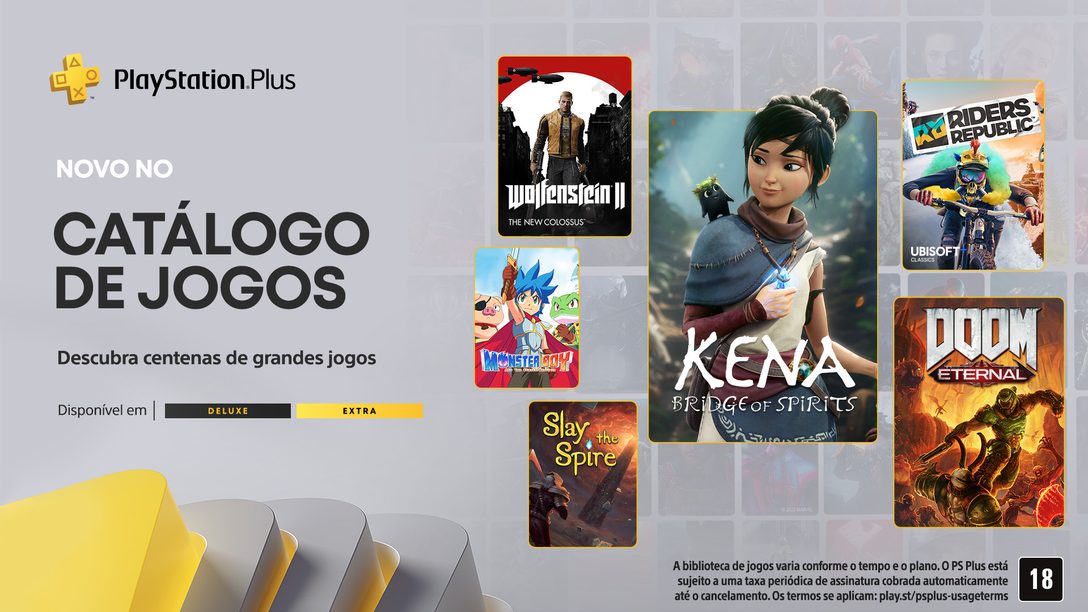 Adições ao catálogo de jogos do PlayStation Plus para o mês de abril: Kena: Bridge of Spirits, Doom Eternal, Riders Republic e muito mais.