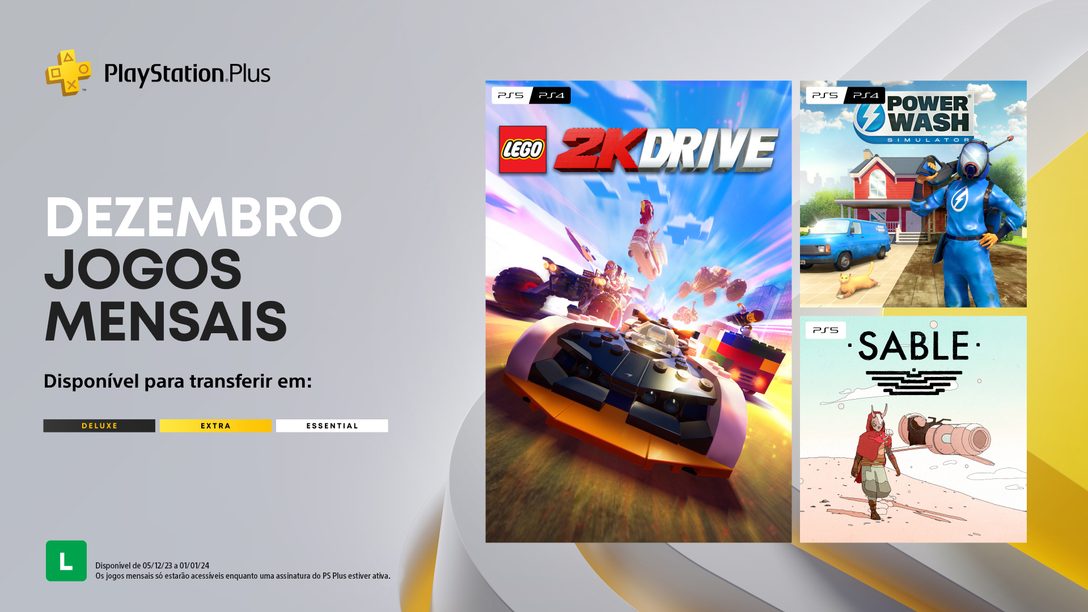 Jogos mensais de dezembro para membros PlayStation Plus: Lego 2K Drive, Powerwash Simulator, Sable