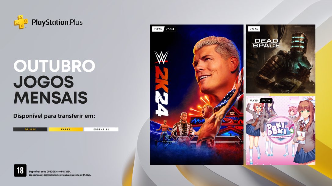 Jogos mensais PlayStation Plus para outubro: WWE 2K24, Dead Space e Doki Doki Literature Club Plus!