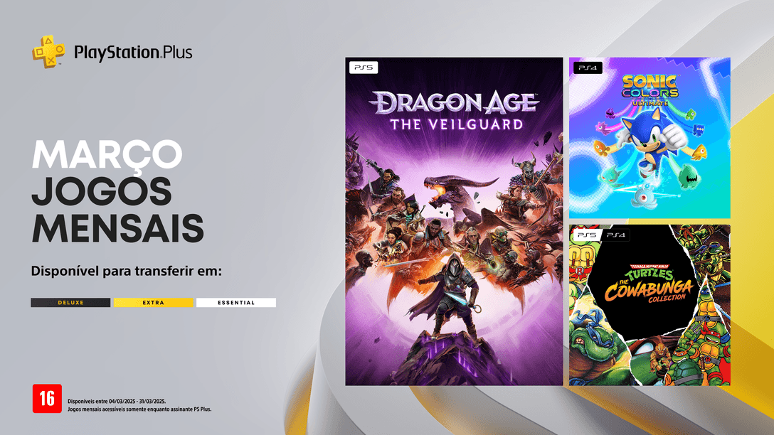 Jogos mensais de março para membros PlayStation Plus: Dragon Age: The Veilguard, Sonic Colors: Ultimate, Teenage Mutant Ninja Turtles: The Cowabunga Collection