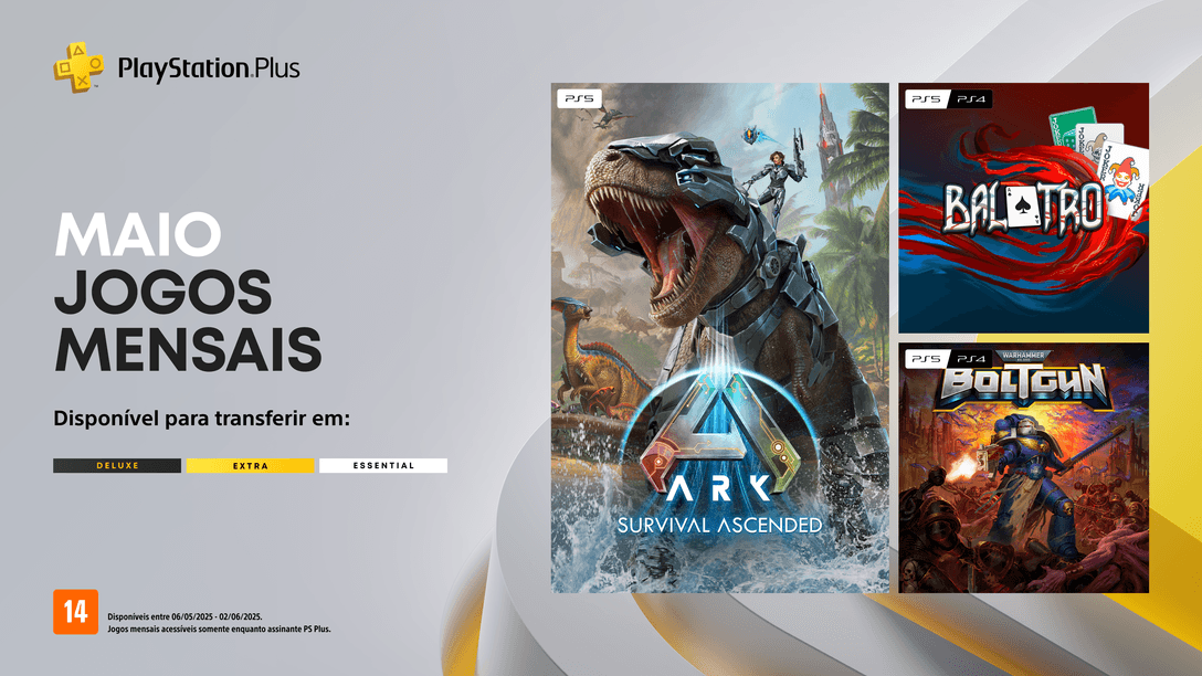 Jogos mensais PlayStation Plus para maio: Ark: Survival Ascended, Balatro, Warhammer 40,000: Boltgun